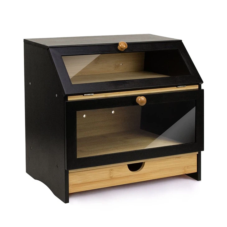 Black Bamboo Bread Box With Drawer manufacturers