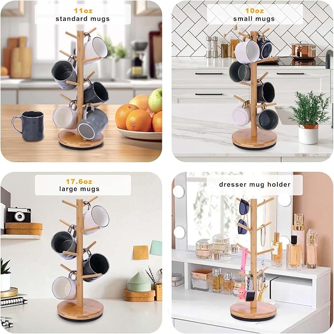 Bamboo 360 Rotating 8-Hook Coffee Mug Holder 7 Bamboo 360 Rotating 8-Hook Coffee Mug Holder 7